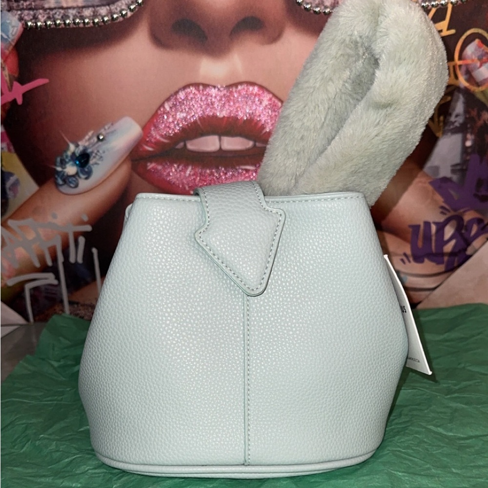 Glamorous Mint Faux-Leather Mini Bucket Bag with Faux-Fur Handle